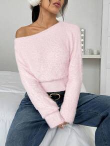 SHEIN EZwear 2025新款女士休闲柔软可爱浅粉色毛衣，纯色不对称领长袖套头衫，适合秋冬季、万圣节、圣诞节等场合穿着。 - 淺粉色 - 查看 6