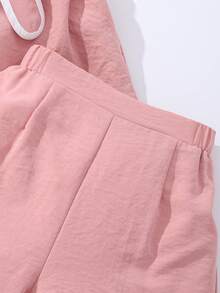 Tween Girls' T-Shirt Set, Black Designed Tank Top Set With White Trim, Waist Design Belt, Paired With Shorts, Simple Commuter Style For Summer - Pink - View 6