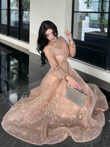 DAZY 优雅长款正式礼服，高端奢华精致优雅女士嘉年华礼服 - 杏色 - 查看 5