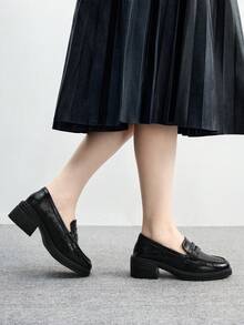 CUCCOO BIZCHIC 1双女士套脚圆头粗跟乐福鞋，黑色，PU材质，适合派对、日常穿着、晚礼服，增高显腿长 - 黑色 - 查看 4
