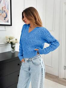 EURMUSE Casual Cute V Neck Long Sleeve Cable Knit Sweater - Blue - View 6