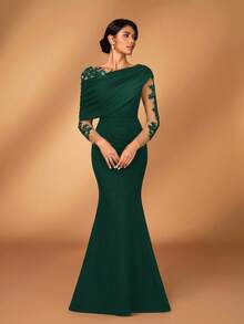 Serin 优雅浪漫奢华弹力针织撞色网纱不对称肩部美人鱼裙摆连衣裙，适合晚宴、单身派对、约会、舞会、度假、婚礼、新娘母亲礼服、情人节等场合。 - 墨綠色 - 查看 4