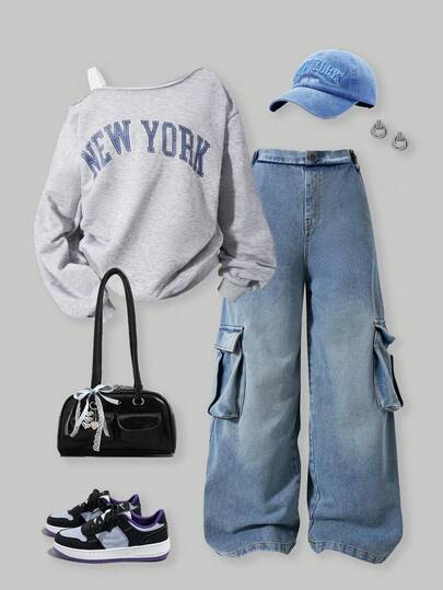 SHEIN ChillGRL 2pcs/Set Teenage Girls Sweatshirt & Jeans Outfit, Gray Fabric Patchwork White Spaghetti Strap Top With Denim Print Design, Distressed Denim Pants, Suitable For Autumn/Winter Outings, School, Shopping, Can Be Paired With Jacket Fall