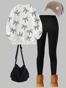 SHEIN ChillGRL 2pcs/Set Girls Casual Butterfly Print Fleece Crew Neck Long Sleeve Sweatshirt And Leggings Set, Winter, Holiday Outfits - Grey - View 2