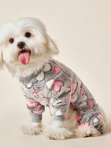 PETSIN 1件粉色心形白色心形印花宠物连体衣灰色秋冬法兰绒保暖舒适宠物保暖服 - 彩色 - 查看 1