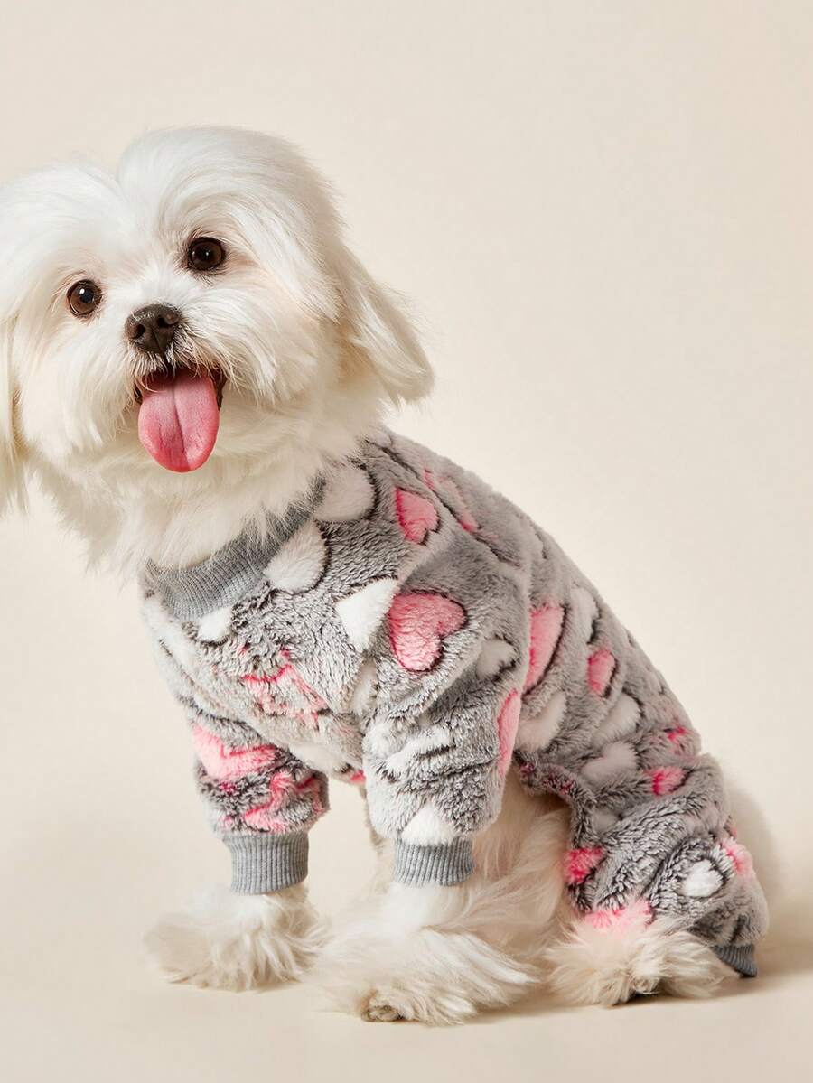 PETSIN 1件粉色心形白色心形印花宠物连体衣灰色秋冬法兰绒保暖舒适宠物保暖服 - 彩色 - 查看 1