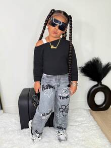 Bộ áo nỉ cổ lệch màu đen phong cách đường phố cho bé gái và quần denim rộng rãi - màu đen - Xem 3