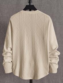 EASEVO 加大码男士宽松针织麦穗菱形图案圆领长袖T恤 - 杏色 - 查看 2