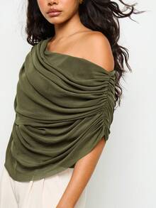 AiiRZ Draped Off Shoulder Top With Ruched Detailing For Spring Summer Casual Wear - Army Green - View 4