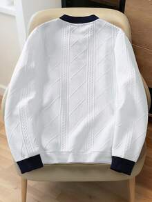 Manfinity Homme 男士骑士刺绣撞色长袖休闲宽松Polo衫，90年代运动风毛衣，男士网球Polo衫，针织衫 - 白色 - 查看 2