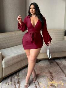 NU&NOW Plus Size Women's Red Pleated Tie-Waist Lantern Sleeve New Year/Valentine's Day Dress - Burgundy - View 5