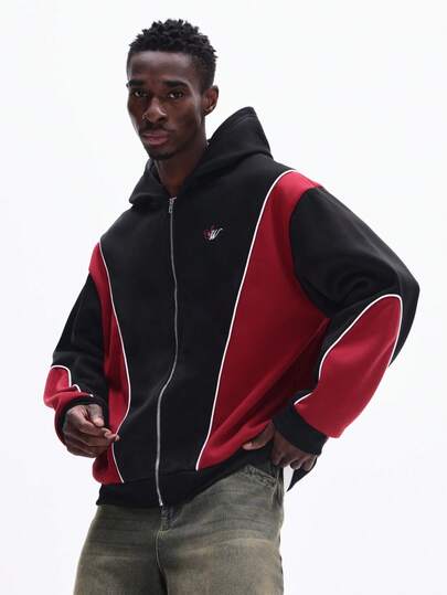 SUMWON Boxig passform, kontrasterande panel, dragkedja med huvtröja och färgblocksdesign, långärmad, hel dragkedja, casual, streetwear, höst/vinter, ytterkläder