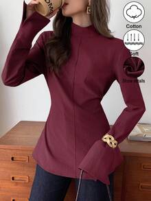 Elyressa 女士编织的休闲优雅秋季衬衫 - 酒紅色 - 查看 8