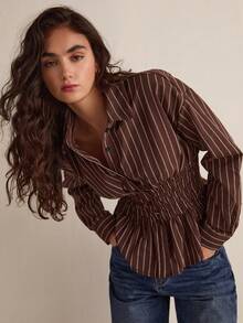Easelle 棕色条纹梭织女式褶皱长袖落肩时尚纽扣前襟衬衫 - 棕色 - 查看 7