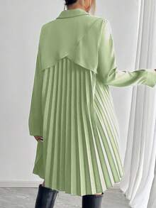 SHEIN Clasi 女士褶裥拼接长袖衬衫裙，秋冬款 - 淺綠色 - 查看 2