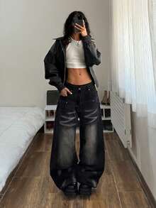 StreetHx 女士口袋宽松阔腿休闲百搭牛仔裤 - 黑色 - 查看 3