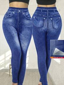 SHEIN LUNE Plus Size Women's Fashion Sexy Denim Effect Print Skinny Pants - Multicolor - View 1