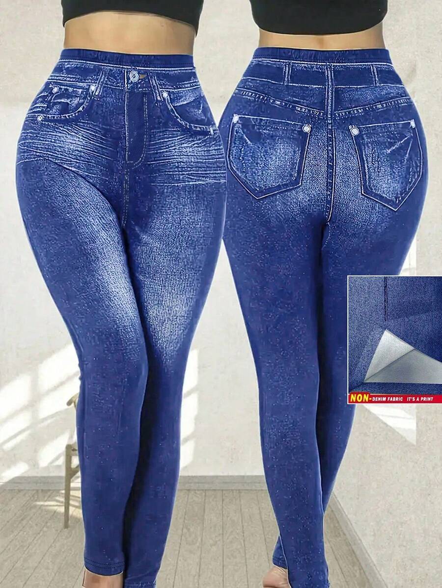 SHEIN LUNE Plus Size Women's Fashion Sexy Denim Effect Print Skinny Pants - Multicolor - View 1