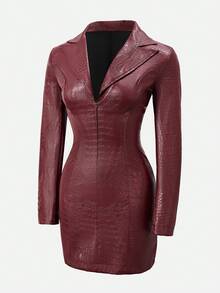 Almamuse 女士长袖西装领PU皮革前拉链迷你连衣裙 - 酒紅色 - 查看 4