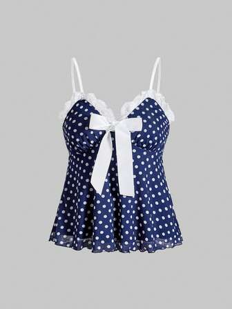 Kawaii Débardeur femme avec imprimé pois, dentelle contrastée et nœud décoratif dans le style Y2K