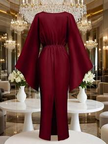 Franclia Váy dạ hội satin màu sâm panh, thiết kế cổ tròn xoắn, váy dài ôm sát tay loe, lý tưởng cho tiệc tối/tiệc tùng - Màu Đỏ Sâu - Xem 2