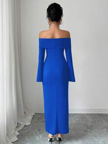 Elenzga Slit Off-Shoulder Long Sleeve Fitted Elegant Party Dress For Women, Autumn/Winter - Blue - View 2