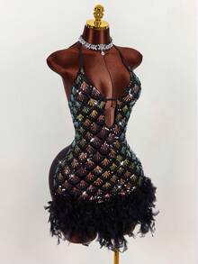 Y2K Amplova Deep V-Neck Halter Sequin & Furry Patchwork Bodycon Mini Dress - Multicolor - View 1