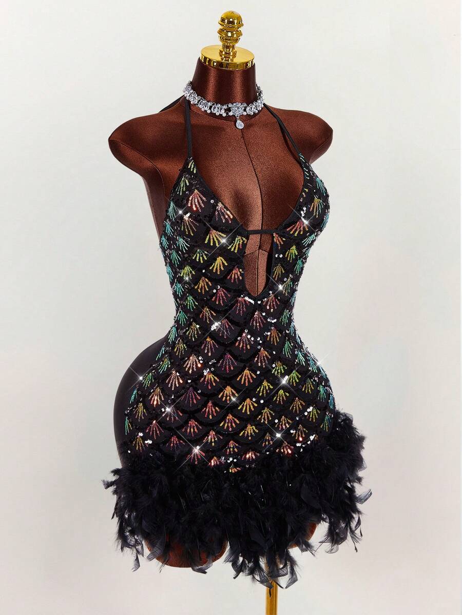Y2K Amplova Deep V-Neck Halter Sequin & Furry Patchwork Bodycon Mini Dress - Multicolor - View 1