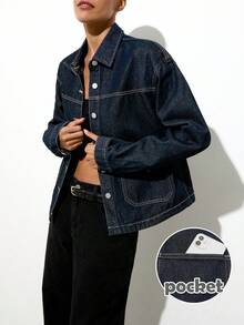 Maija 女士休闲长袖宽松牛仔外套，带口袋，冬季款