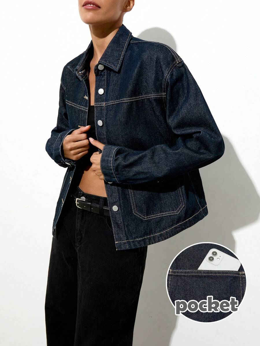 Maija 女士休闲长袖宽松牛仔外套，带口袋，冬季款