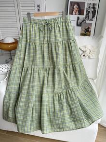 Comfortcana 大码分层绿色格子中长休闲 A 字裙，夏季度假 - 綠色 - 查看 3