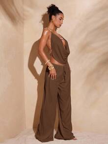 Hauture Sexy Mob Wife Party Casual Vacation Minimalist Solid Textured Twist Waist Loose Wide Leg Pants - Brown - View 5
