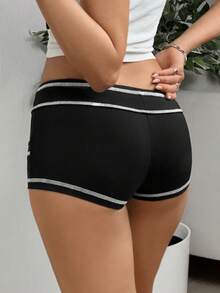 SHEIN EZwear 女款繩帶拼接外穿超短熱褲 - 黑色 - 查看 2