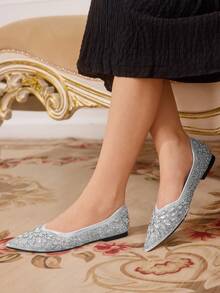 CUCCOO TILAWA Giày bệt mũi nhọn đính đá pha lê bạc thời trang dành cho nữ, thoải mái, đa năng - Bạc - Xem 5