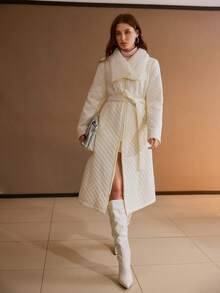 MOTF PREMIUM ABRIGO DE INVIERNO ACOLCHADO CON CINTURÓN DE DIAMANTES DE LONGITUD MEDIA ESTILO A-LINE - Blanco - Ver 5