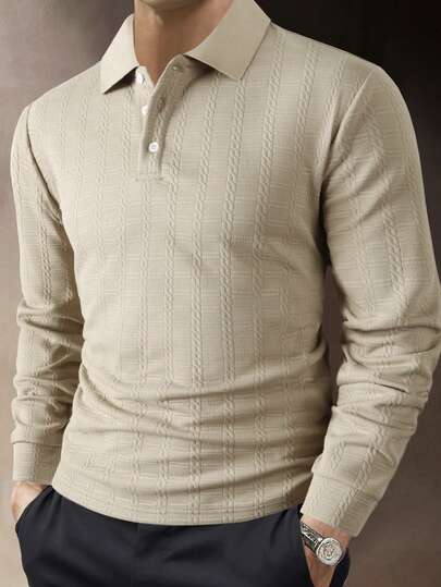 Manfinity Mode Camisa polo de manga larga de unicolor y textura casual para hombres