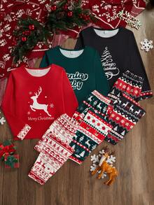 6 Piece Christmas Reindeer Snowflake Christmas Tree Letter Print Pajamas Crew Neck Long Sleeve And Pants Set Christmas Day Christmas Gifts Christmas Pajamas For Boy And Girl Kids Christmas Pjs - Multicolor - View 1