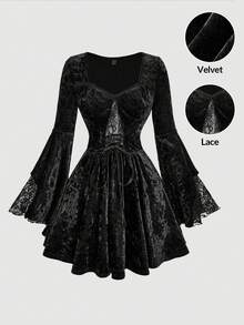 SHEIN MOD Lace Patchwork Velvet Drawstring Ruffle Hem Women's Mini Dress - Black - View 1