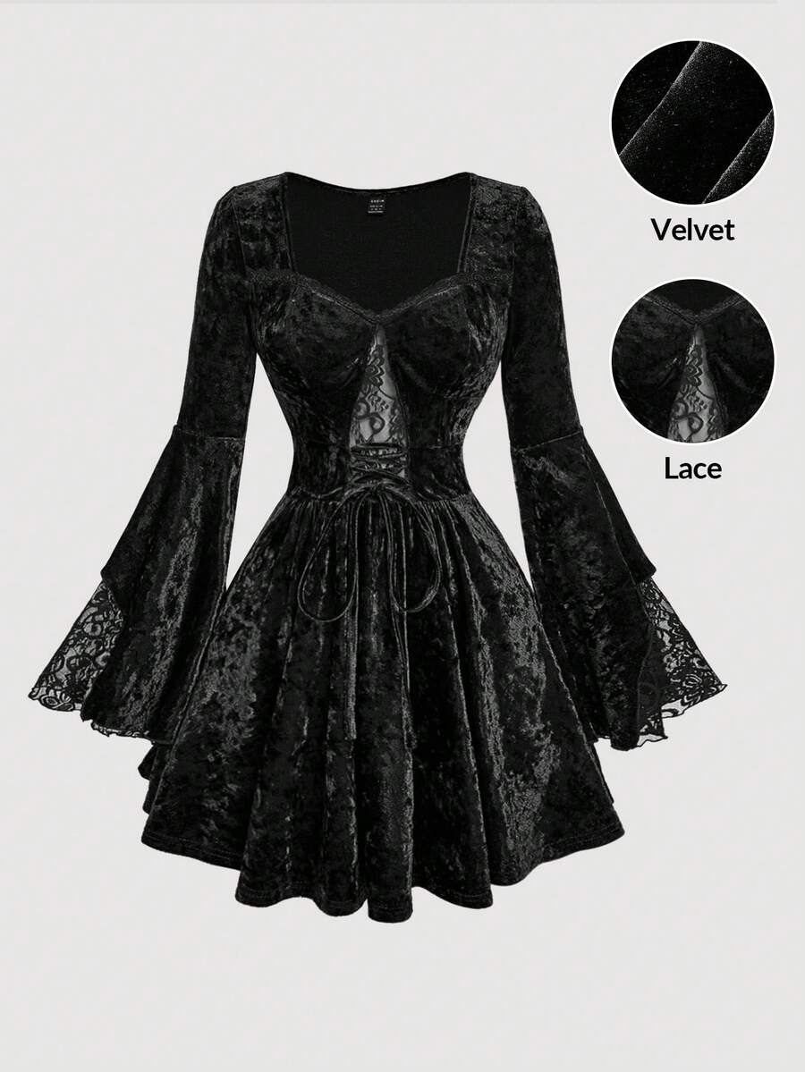 SHEIN MOD Lace Patchwork Velvet Drawstring Ruffle Hem Women's Mini Dress - Black - View 1