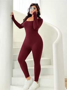 SHEIN EZwear 秋冬季针织大码保暖连体裤 - 酒紅色 - 查看 5