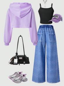 ChillGRL Streecool 儿童休闲青少年女孩宽松街头风格牛仔印花裤、短款吊带背心、长袖连帽网眼衬衫三件套服装，时尚 - 紫色 - 查看 2