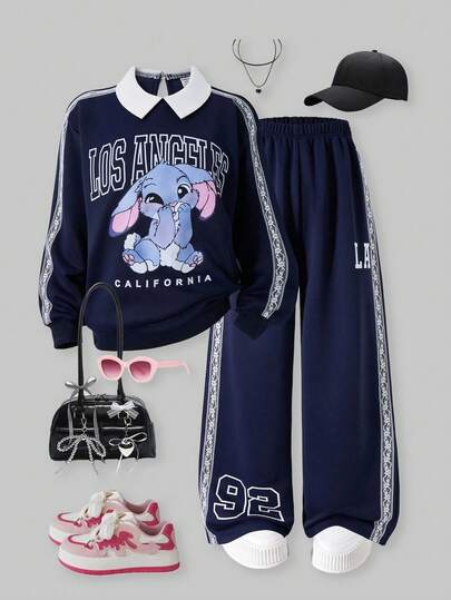 SHEIN ChillGRL Casuvi Kid Girls 2-Piece Set: Crew Neck Long Sleeve T-Shirt With Lace Trim Decoration & Cartoon Print, Knit Wide Leg Pants With Lace Trim & Graphic Print, Suitable For Casual, Back To School, Sports, Vacation In Spring & Autumn