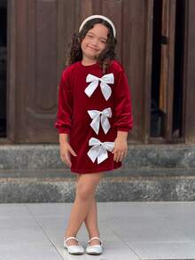 SHEIN Robe élégante à col rond et à ligne A avec nœud blanc contrastant pour jeunes filles, Noël, rouge, princesse, mignonne, velours, fête, rassemblement, assortie à la sœur, tenue pour meilleures amies - Rouge - Voir 2