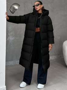 EURMUSE 冬季长款大码拉链连帽大衣 - 黑色 - 查看 6