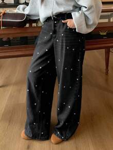 Dazy Plus Heart Print Floral Loose Straight Leg Distressed Washed Long Denim Jeans, All Season - Black - View 5