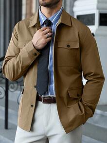 Manfinity CasualCool Herren Lässig einfarbige Klapptaschen Einreiher Windbreaker, Herren Trenchcoat für den Herbst - Khaki - Übersicht 5