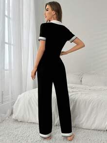 SHEIN 撞色领半拉链字母刺绣女士睡衣套装 Polo 领睡衣套装 女士黑色睡衣套装 女士家居服套装 女士睡衣两件套 - 黑色 - 查看 2