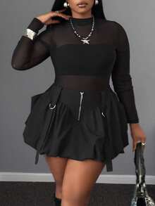 SHEIN CURVE+ Váy ngắn màu trơn viền bèo nhún cỡ lớn gợi cảm cho nữ, thích hợp mặc đi làm và đi chơi, mùa thu/đông - màu đen - Xem 6