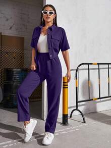 Modelyn Women's Short Sleeve Workwear Pocket Shirt And Pants Set 2 Pieces Set - Purple - View 4