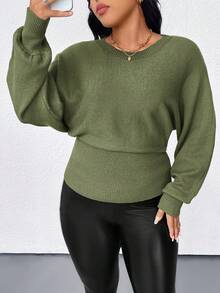 Elenzga Plus Size Casual Solid Color Batwing Sleeve Sweater, Autumn/Winter - Green - View 1